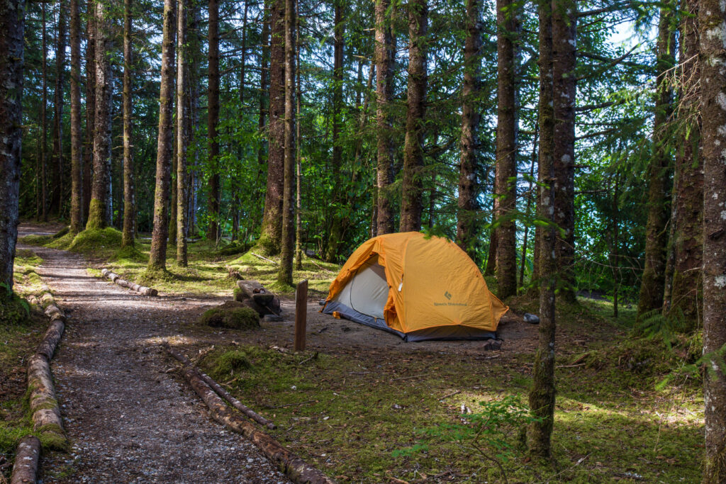 yellow tent set up off of path in the woods